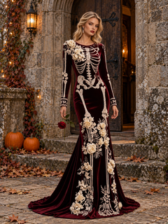 Skeleton Rose Embroidered Dress – Women's Gothic Halloween Dress