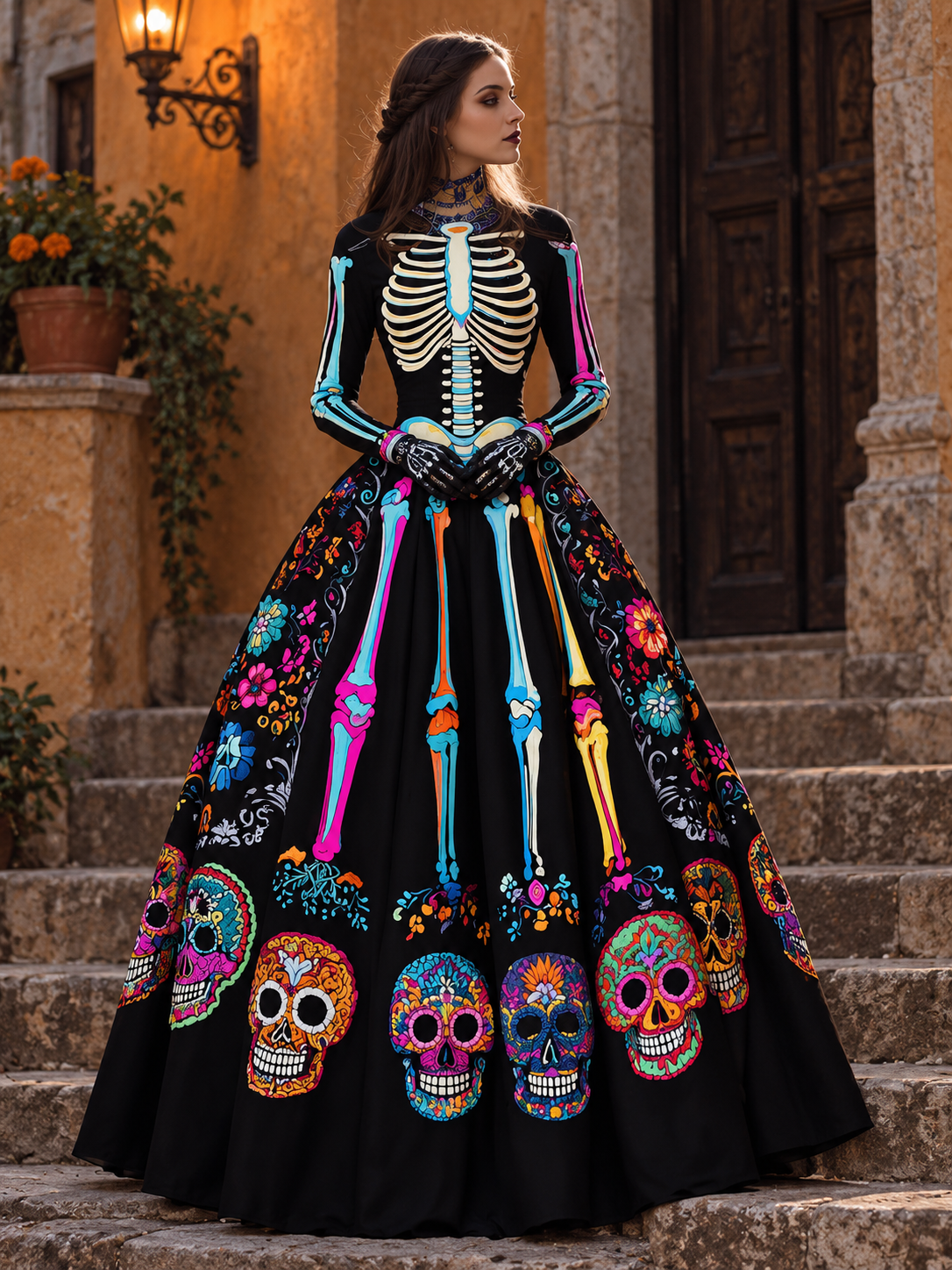 Women's Halloween Long Sleeve Black Maxi Dress | Embroidered