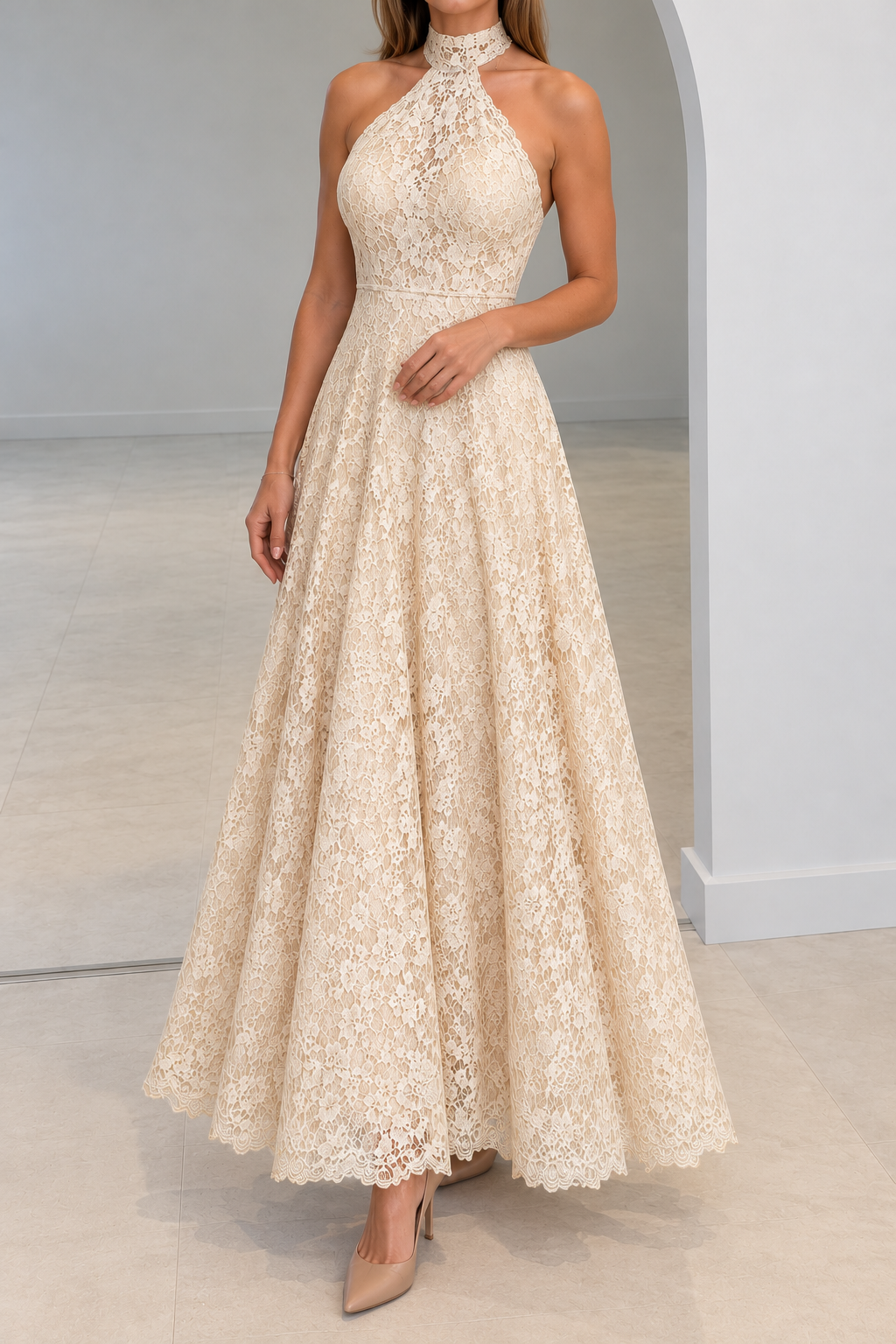 Fiammetta | Vintage Ivory Lace Halter Neck Evening Gown