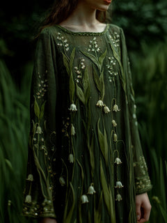 Women's Long Sleeve Floral Green Midi Dress | Halloween