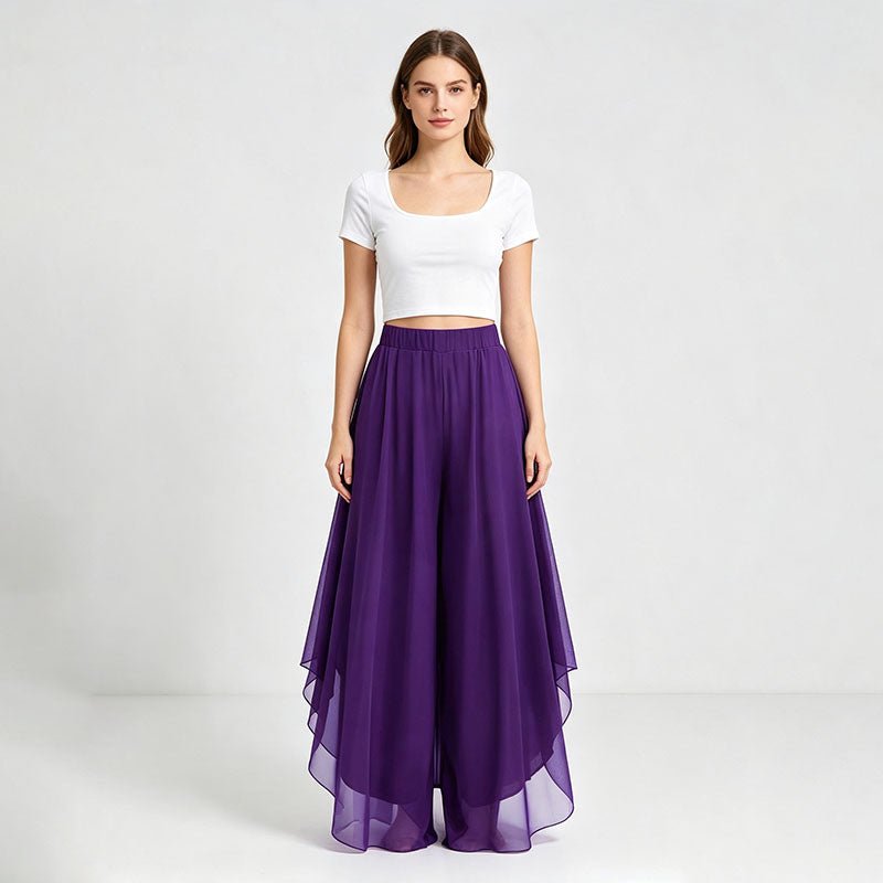 Irregular hem chiffon wide-leg pants
