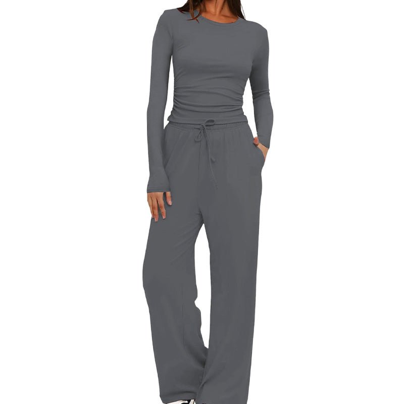 Casual long-sleeved high-waisted wide-leg pants suit