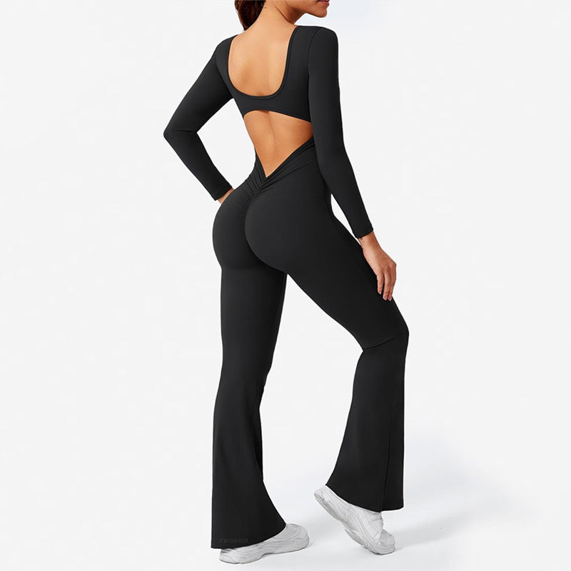 Pleated backless long-sleeved flared jumpsuit