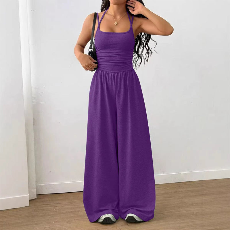 Backless Halter Ruched High Waist Wide Leg Jumpsuit