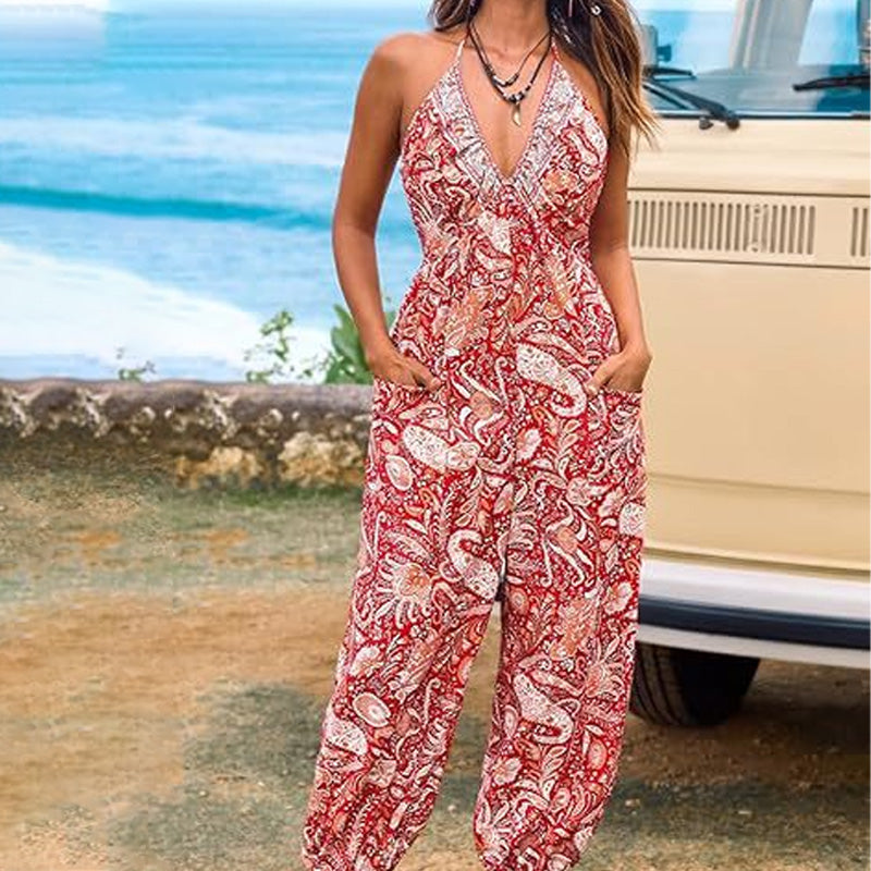 V-neck backless loose-fitting jumpsuit