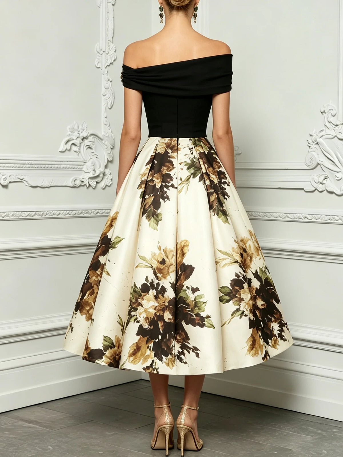 Black Floral Classic Off The Shoulder Short Sleeve A-Line Midi Dress