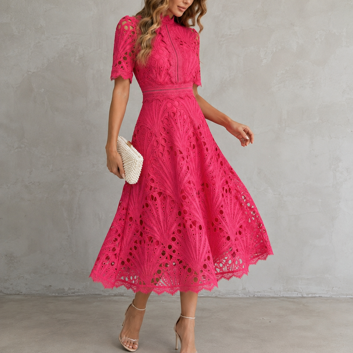 Charlisse – Ornate lace refinement – High-neck midi dress