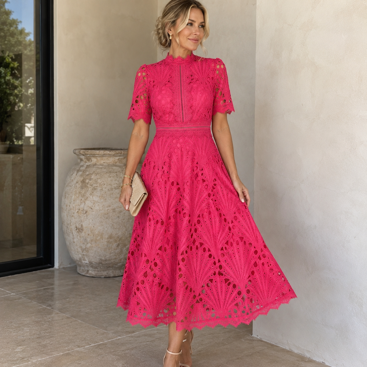 Charlisse – Ornate lace refinement – High-neck midi dress