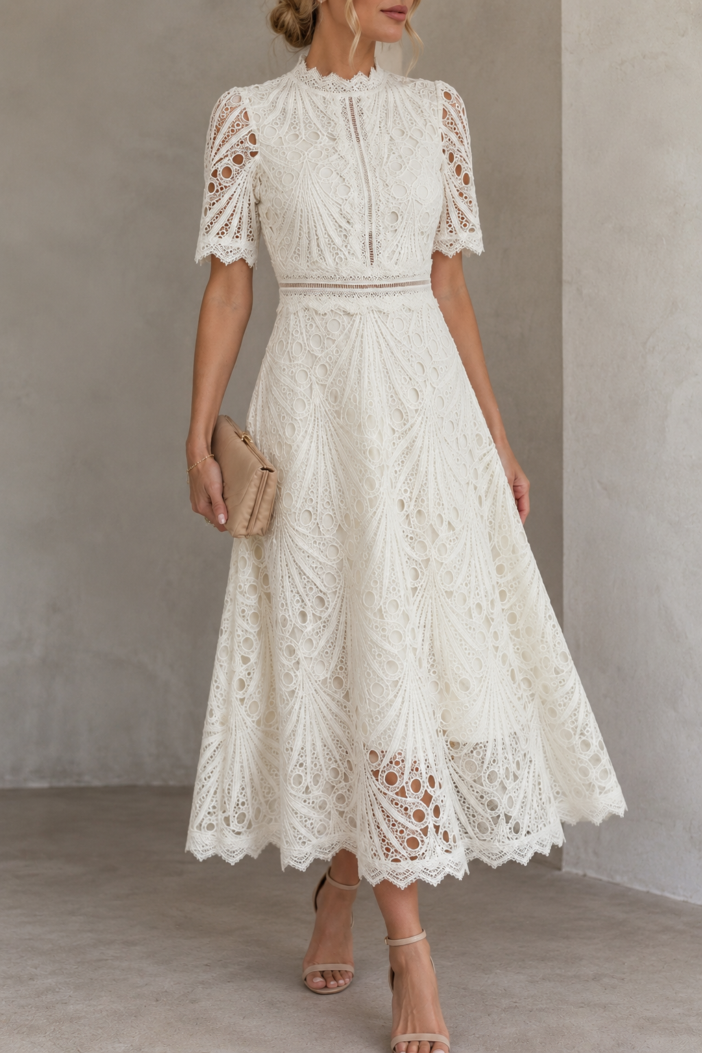 Charlisse – Ornate lace refinement – High-neck midi dress