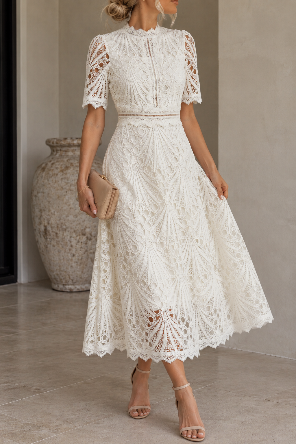 Charlisse – Ornate lace refinement – High-neck midi dress
