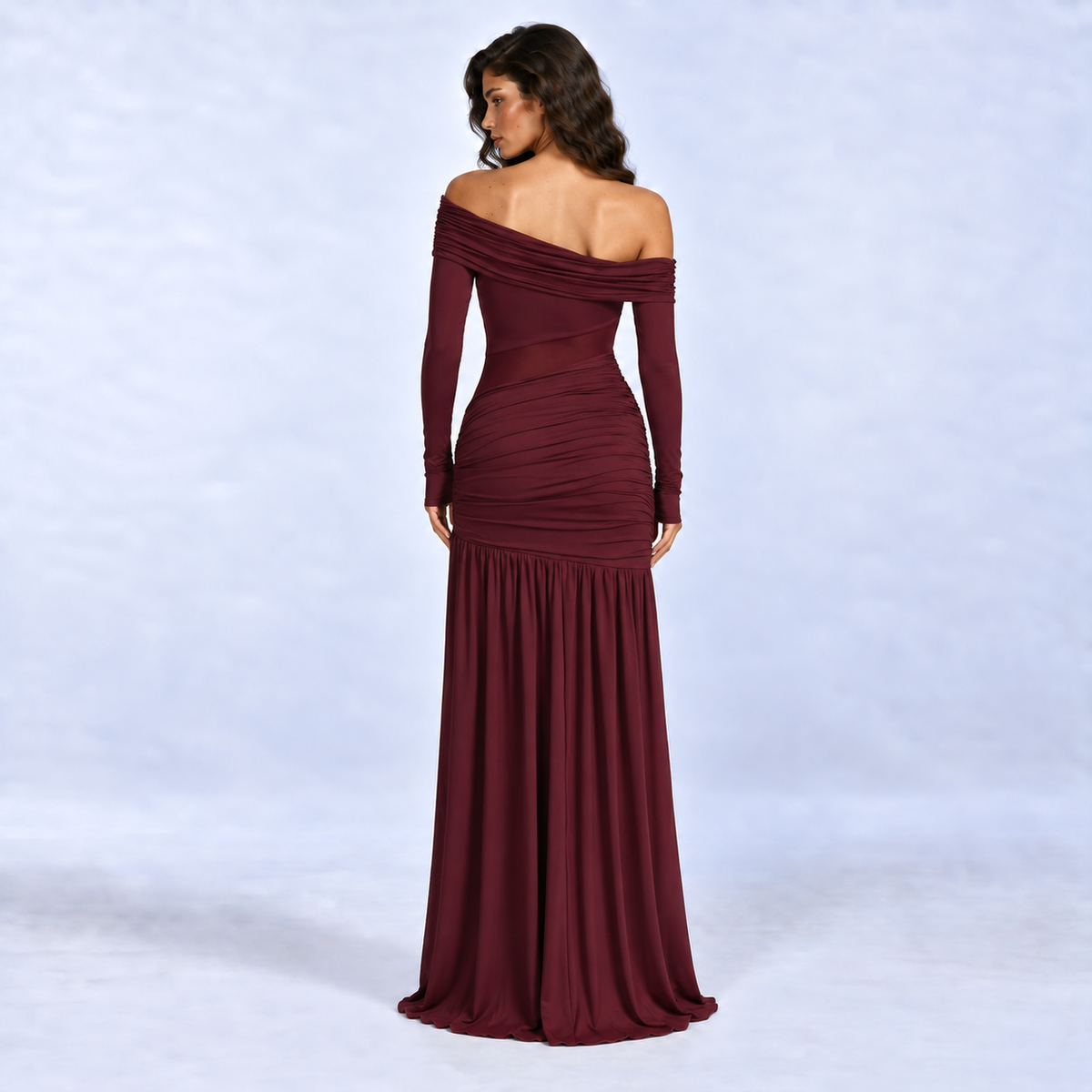 The Elara One-Shoulder Mesh Ruched Slit Maxi Dress