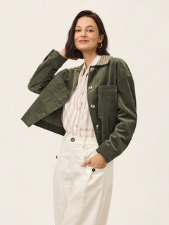 Cotton Lyocell Contrast Check Collar Cropped Jacket FLORENZA
