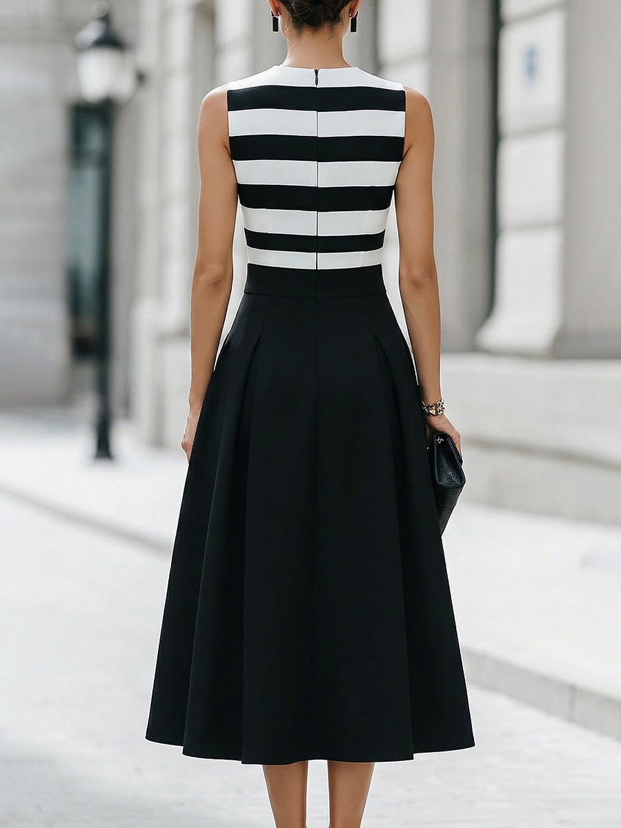 Chic Striped Sleeveless A‑Line Midi Dress With Pockets