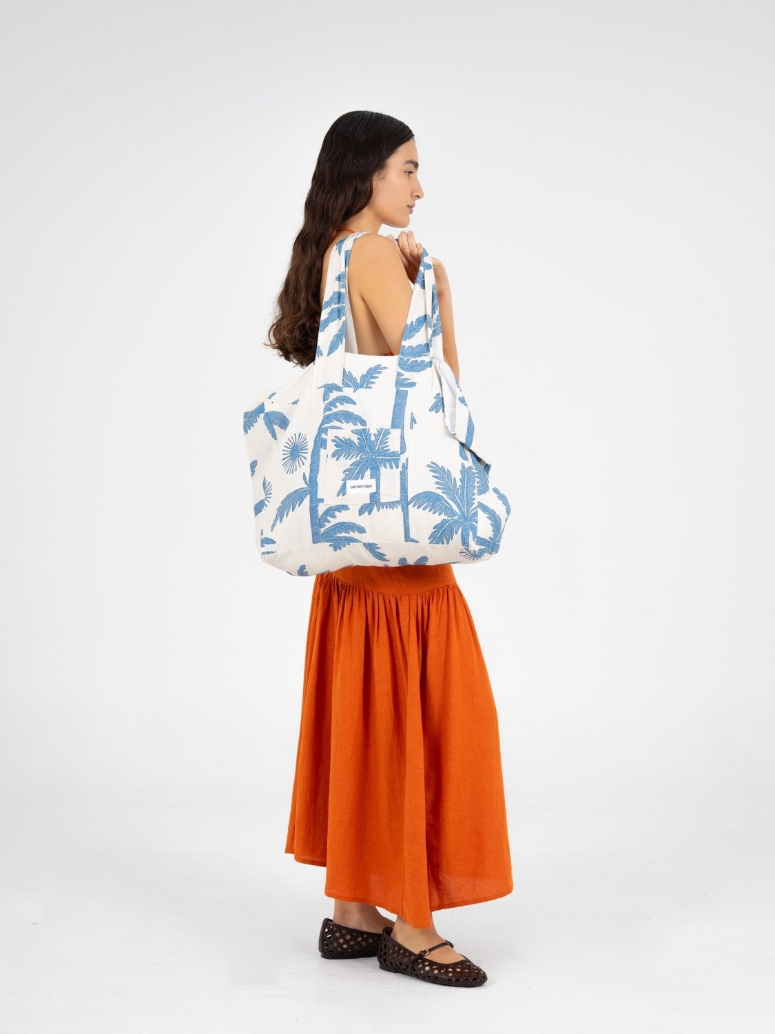 Elios Palm-Printed Linen Beach Bag