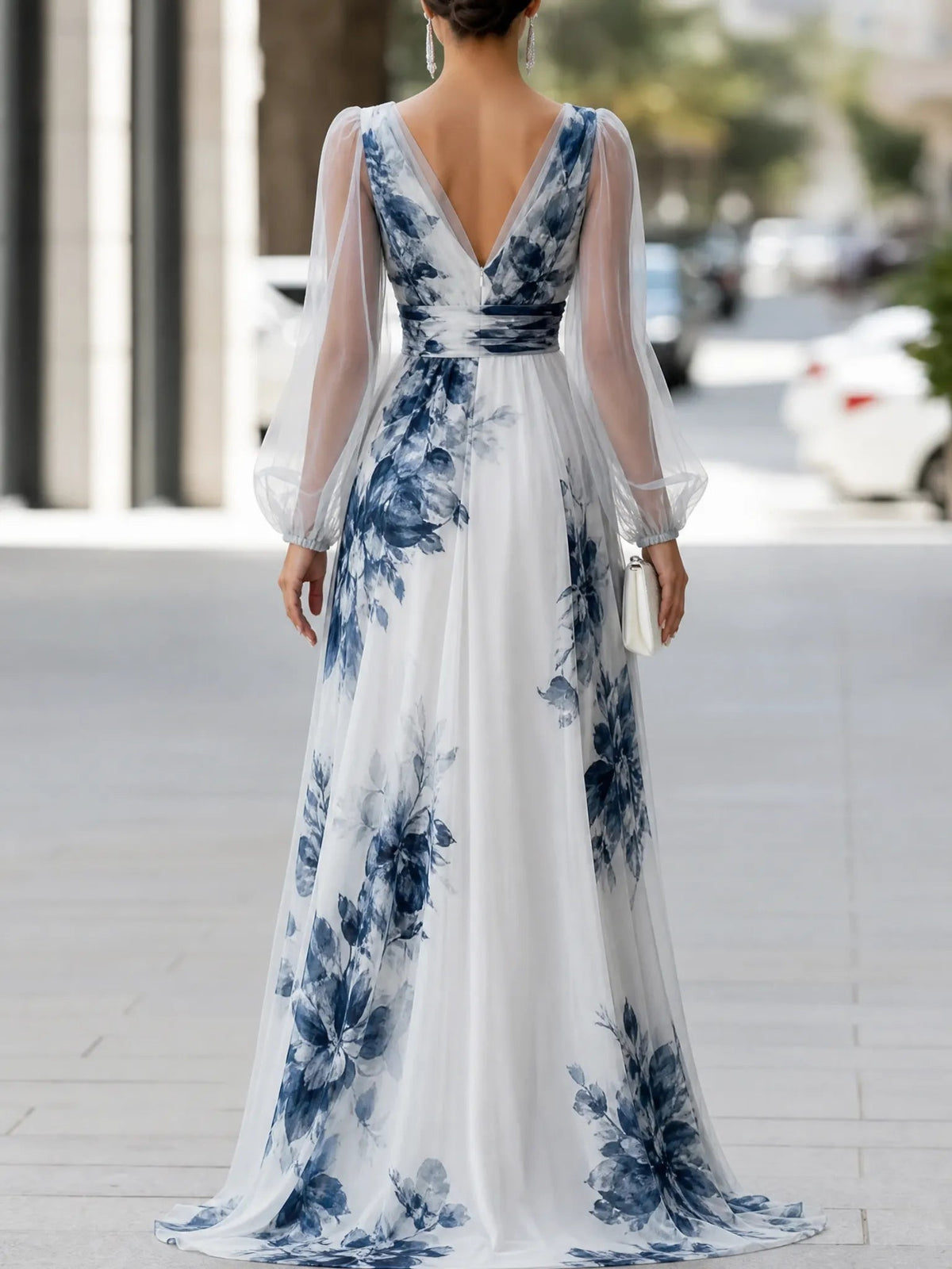 Elegant Front-Slit Printed Sheer Mesh Maxi Dress