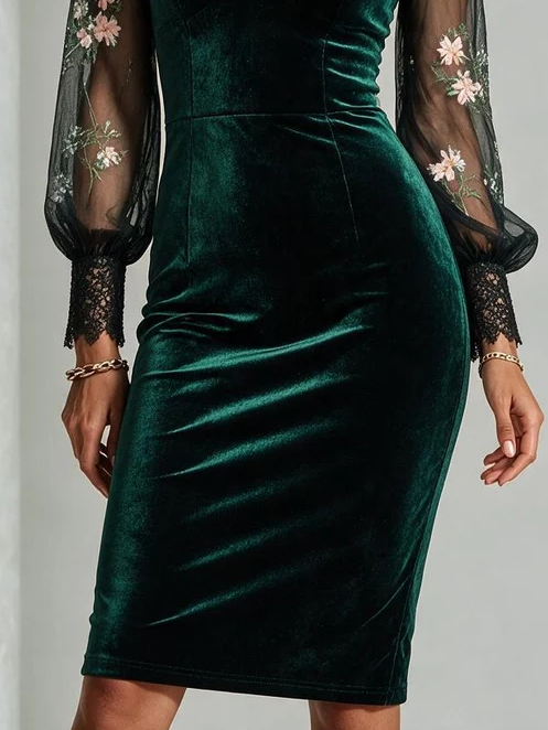 Dark Green Velvet Midi Dress Sweetheart Neck Lace Puff Sleeve Floral Embroidery Mesh Bodycon Cocktail Dress