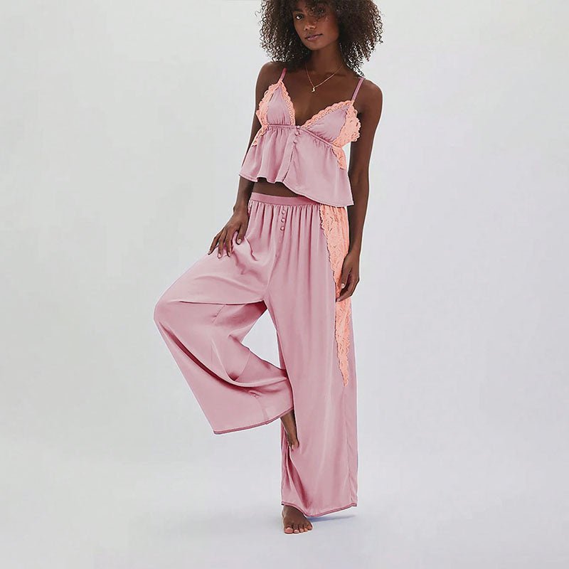Lace-Trimmed Spaghetti Strap Camisole and Wide-Leg Pants Loungewear Set