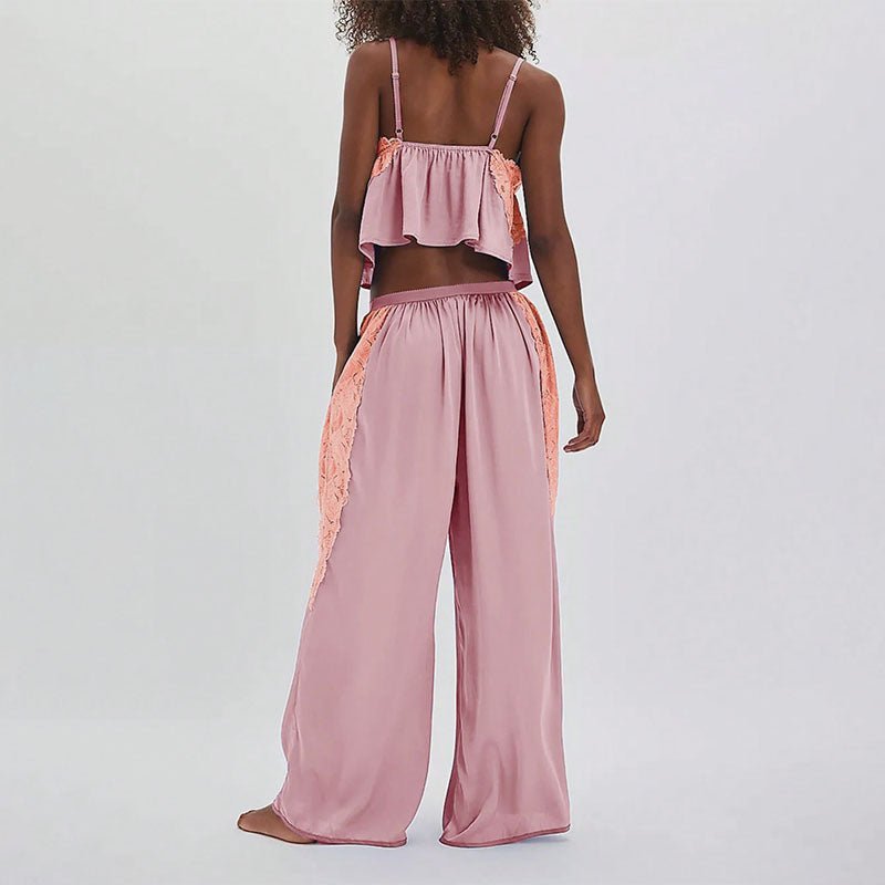 Lace-Trimmed Spaghetti Strap Camisole and Wide-Leg Pants Loungewear Set