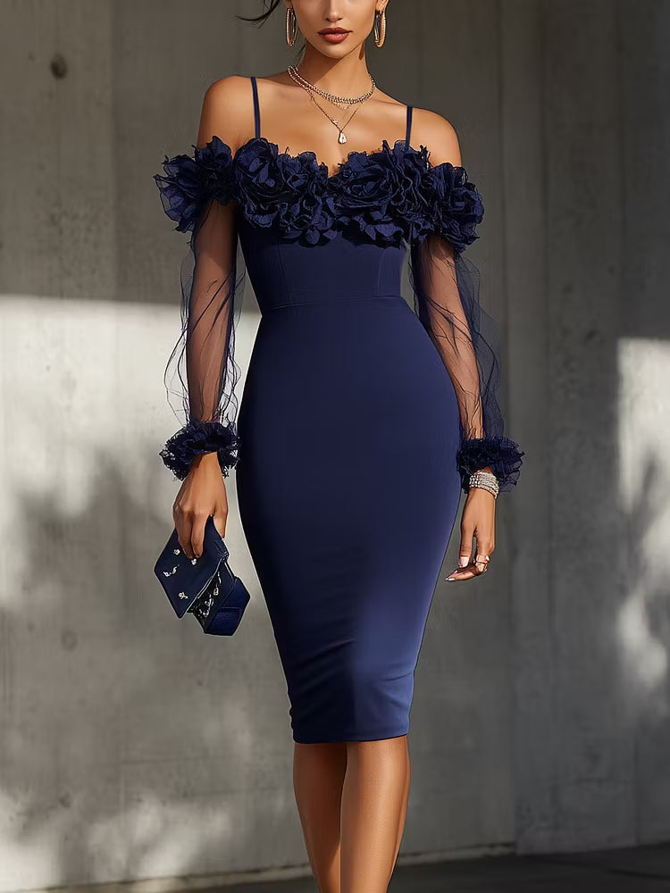 Navy Off-Shoulder Bodycon Midi Dress With 3D Floral Detail