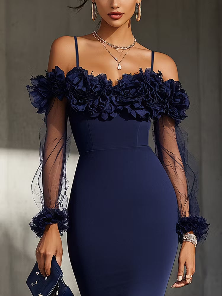 Navy Off-Shoulder Bodycon Midi Dress With 3D Floral Detail