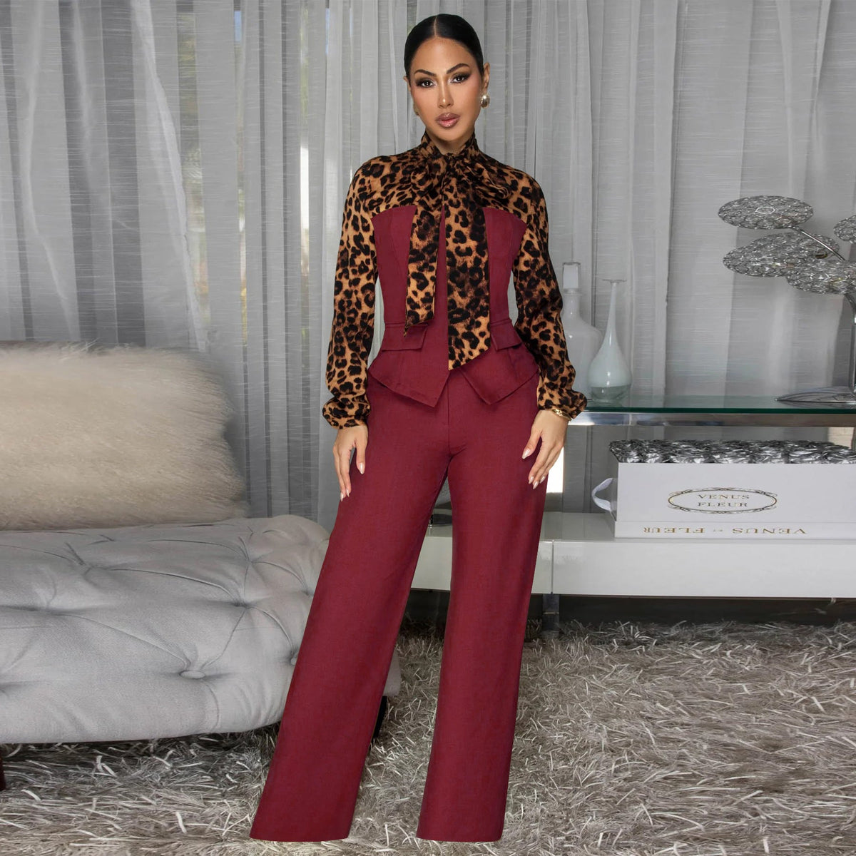 Wild Elegance Leopard Tie-Neck Pant Set