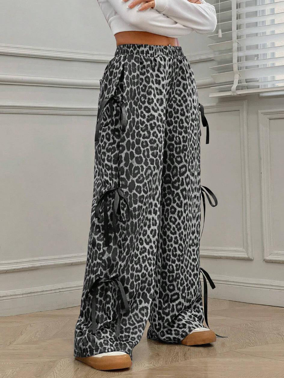 Leopard Print Bow Tie Wide Leg Pants