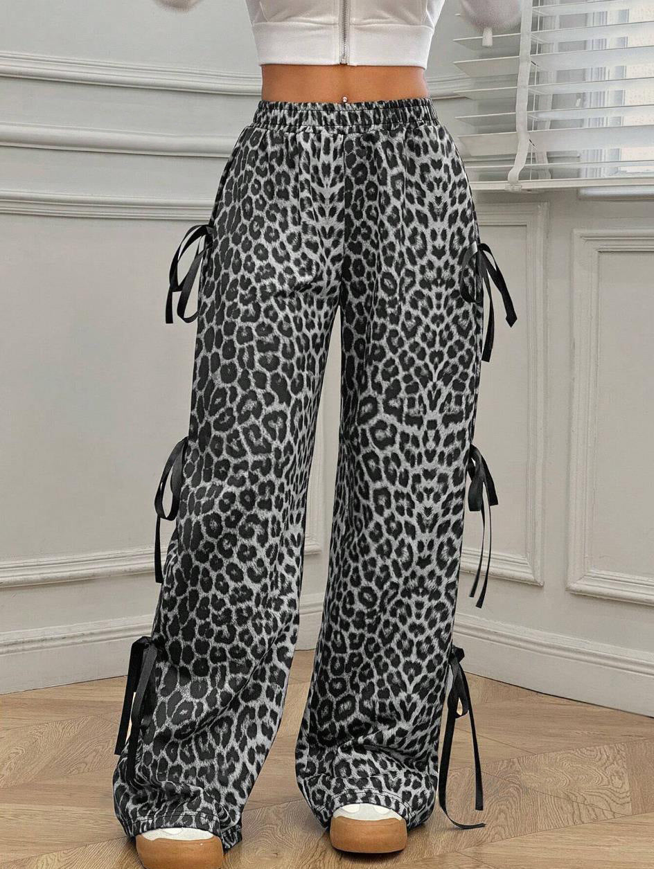 Leopard Print Bow Tie Wide Leg Pants