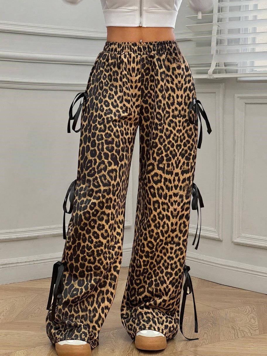 Leopard Print Bow Tie Wide Leg Pants