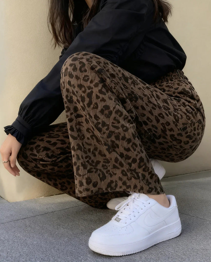 Corduroy Leopard Print Elastic Waist Wide Leg Pants
