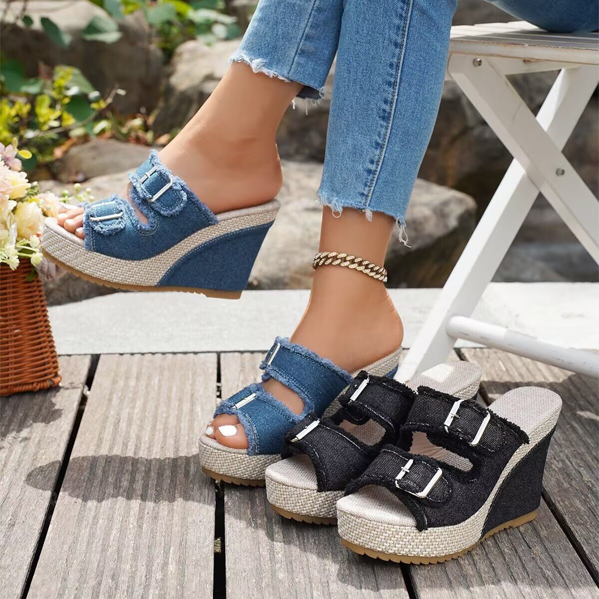 Atelier Denim Fray-Edge Wedge Sandals