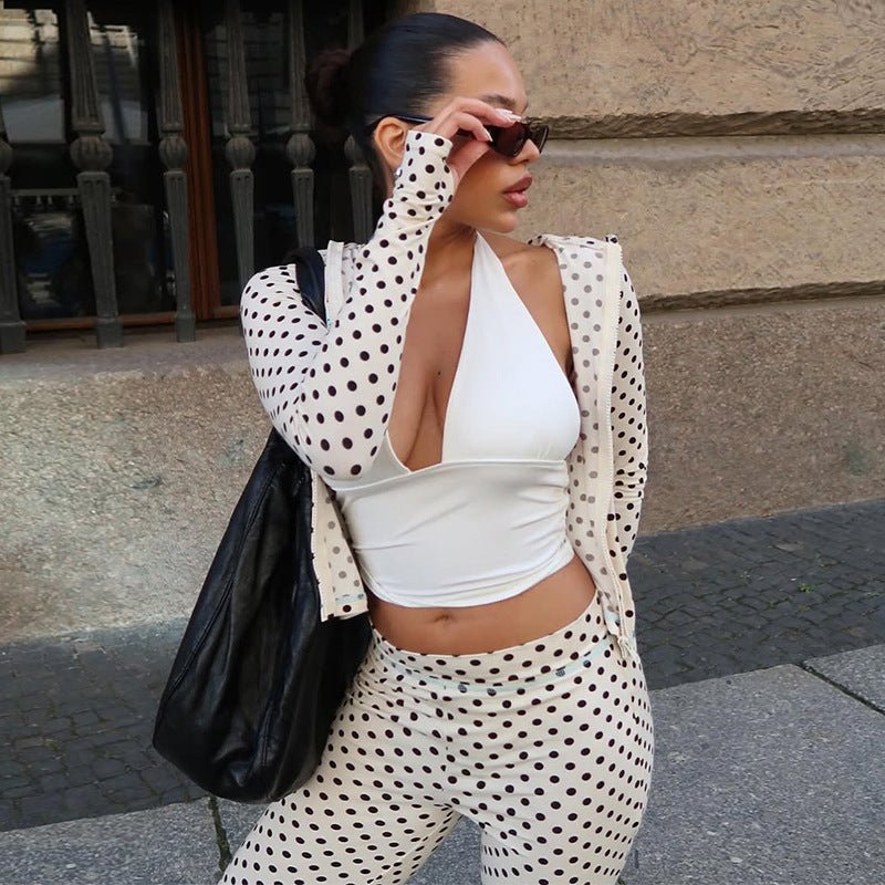 Polka Dot Hooded Cardigan & Low-Rise Flare Pants 2 Piece Set