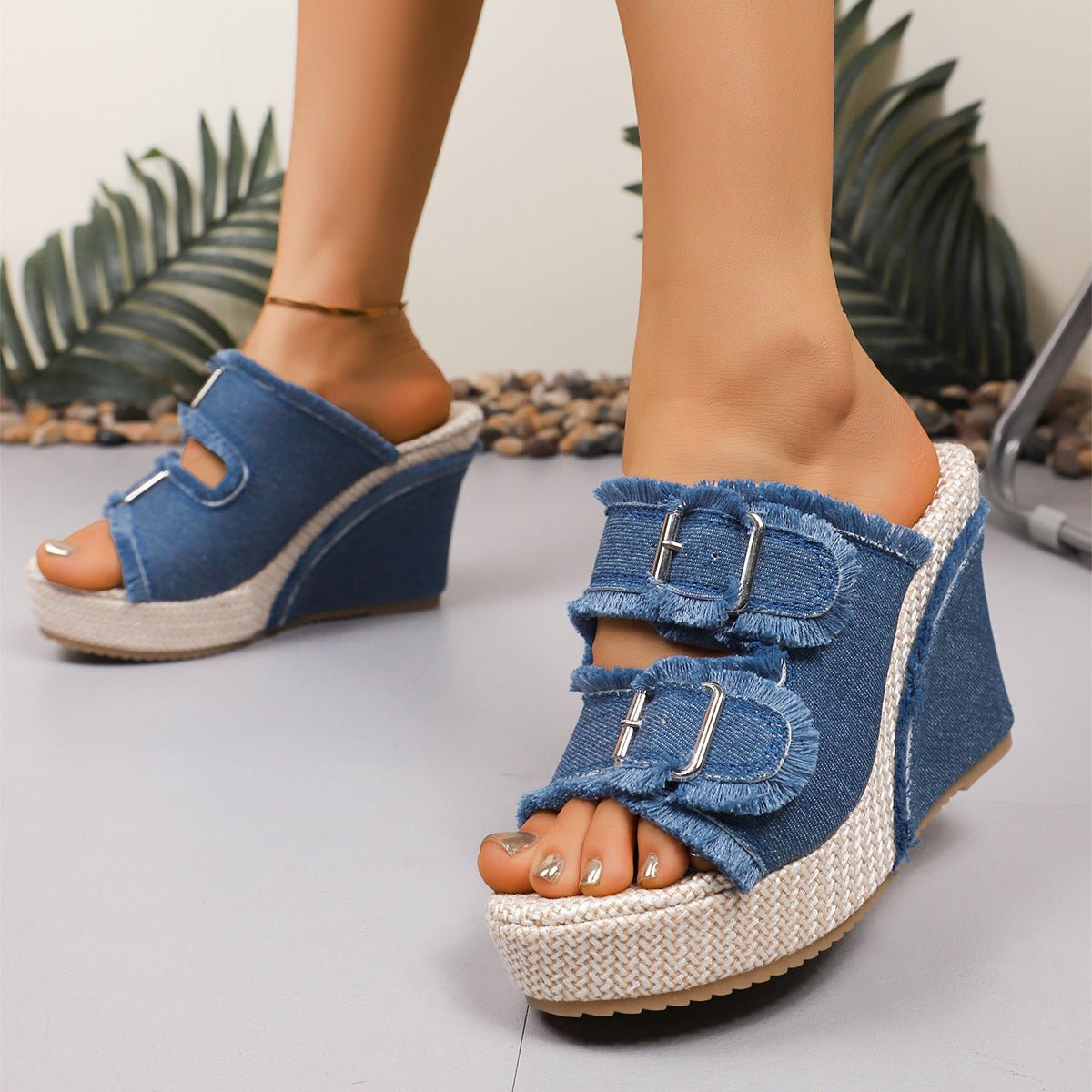 Atelier Denim Fray-Edge Wedge Sandals
