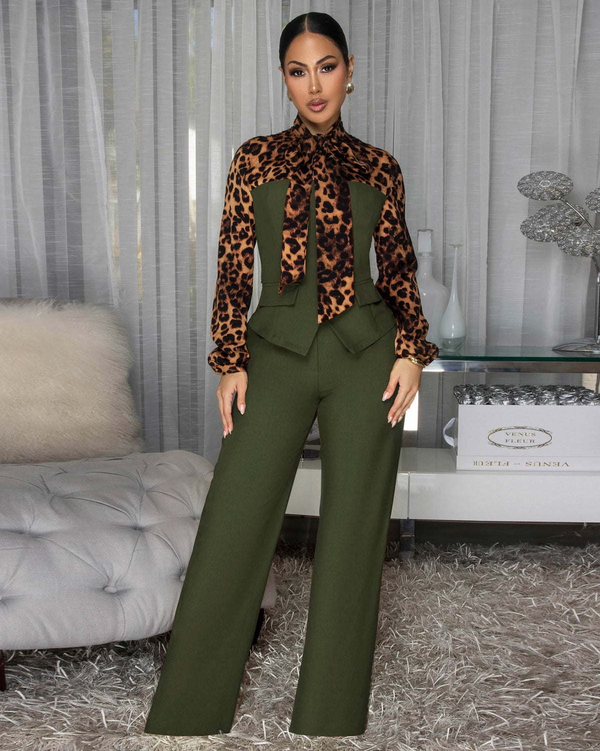 Wild Elegance Leopard Tie-Neck Pant Set
