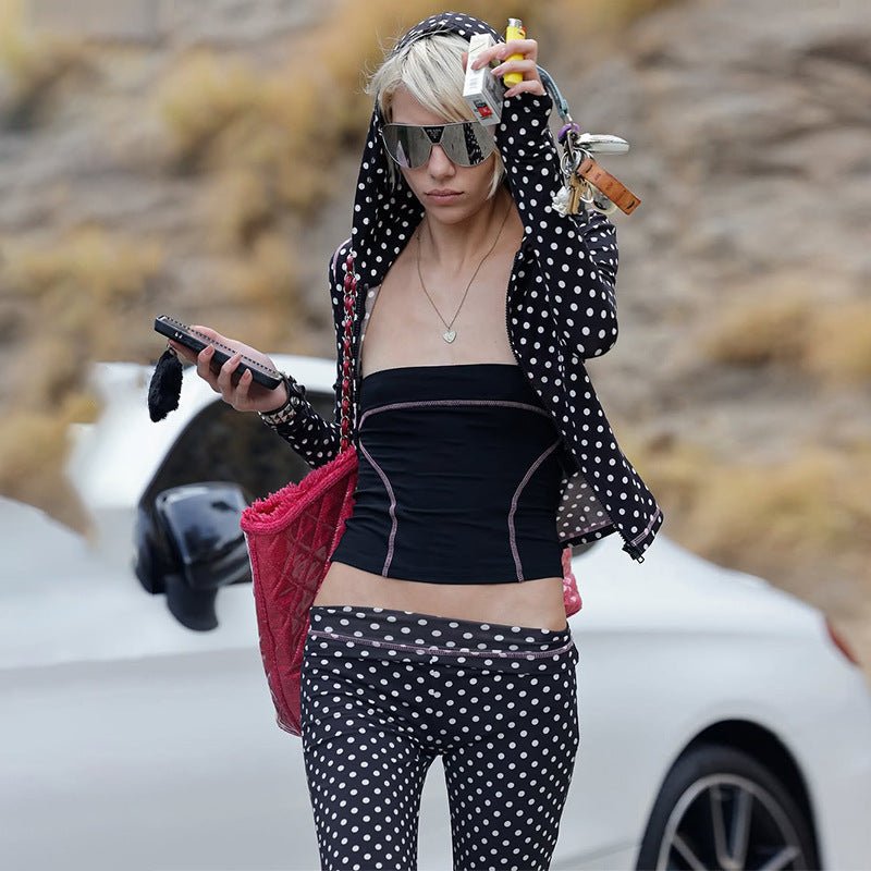 Polka Dot Hooded Cardigan & Low-Rise Flare Pants 2 Piece Set
