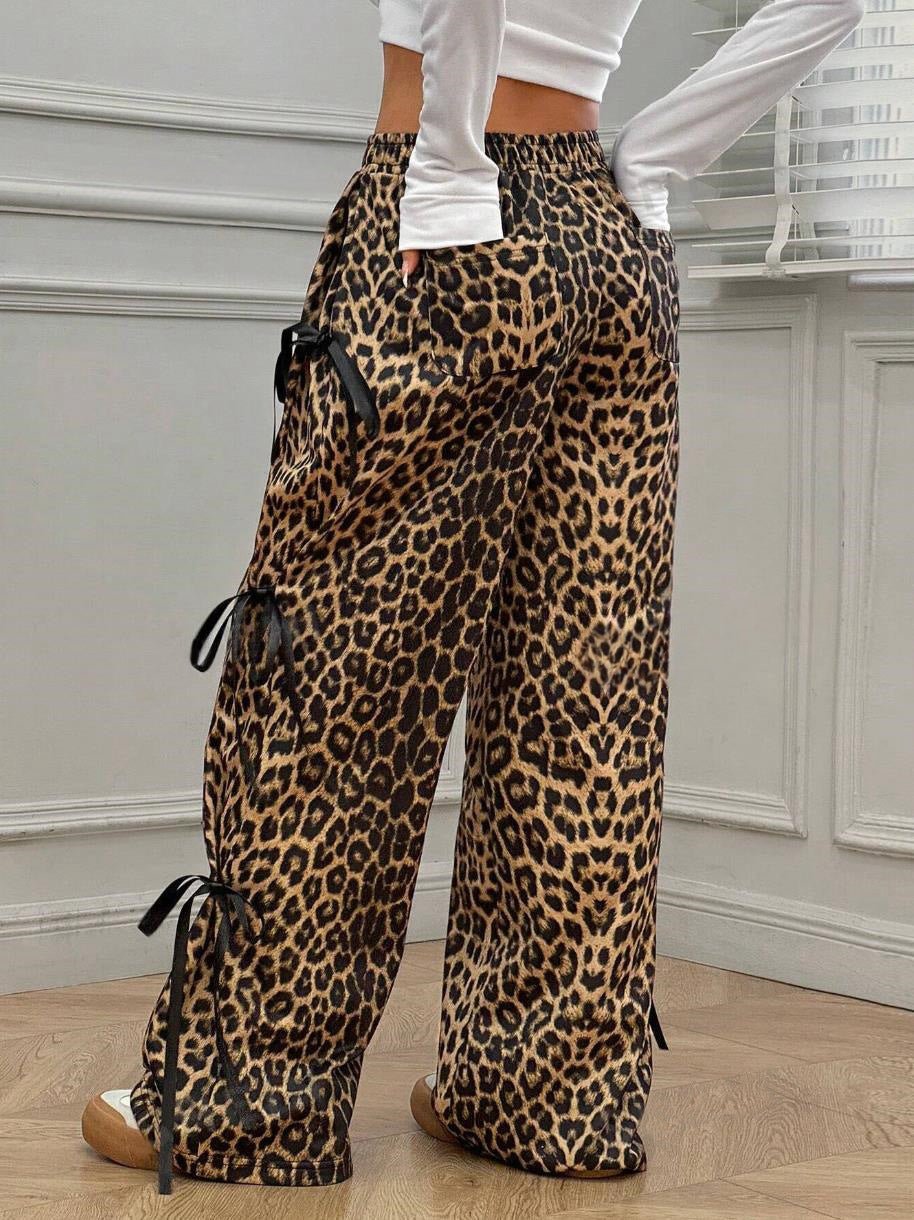 Leopard Print Bow Tie Wide Leg Pants