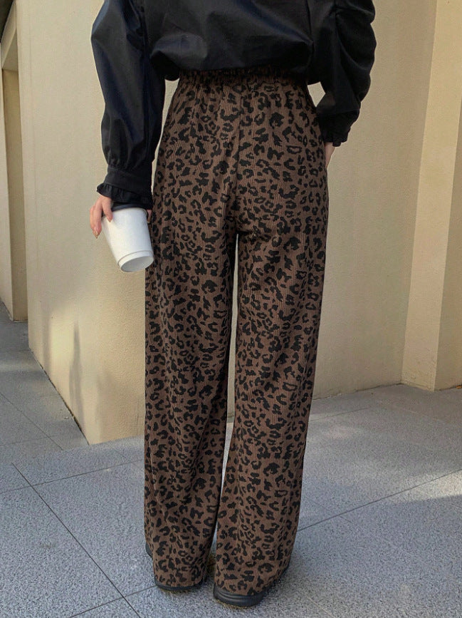 Corduroy Leopard Print Elastic Waist Wide Leg Pants
