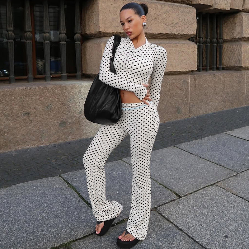 Polka Dot Hooded Cardigan & Low-Rise Flare Pants 2 Piece Set