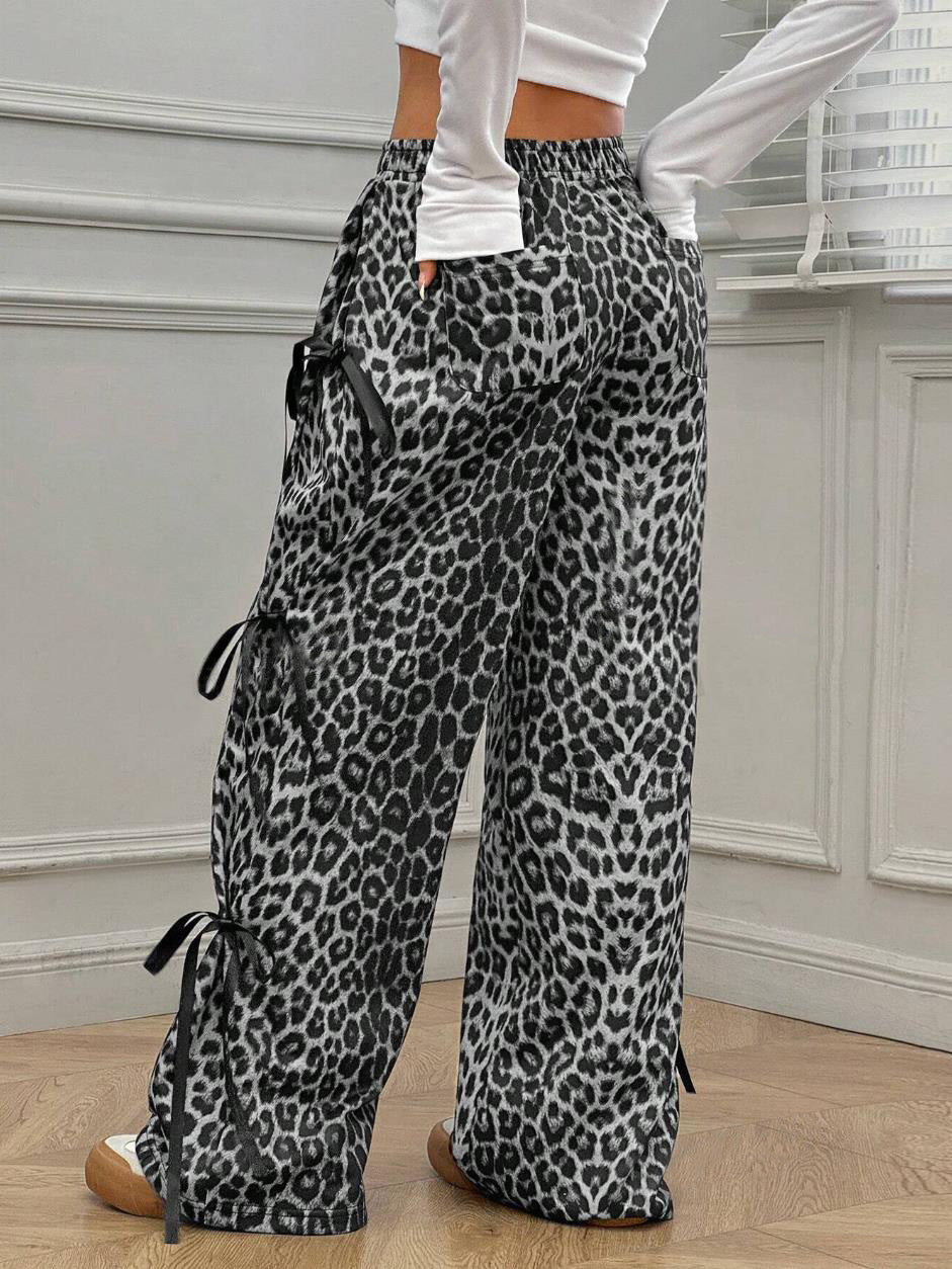 Leopard Print Bow Tie Wide Leg Pants