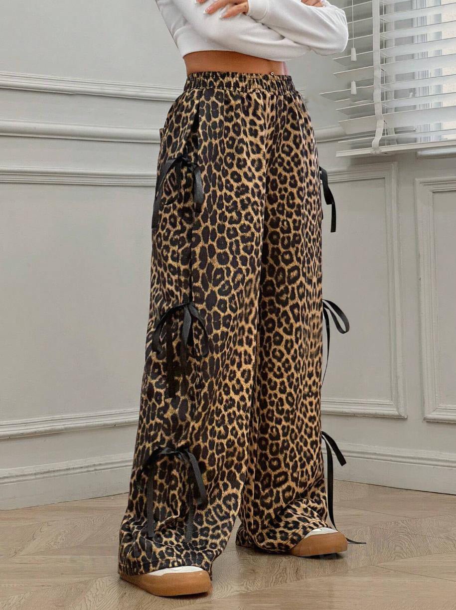 Leopard Print Bow Tie Wide Leg Pants
