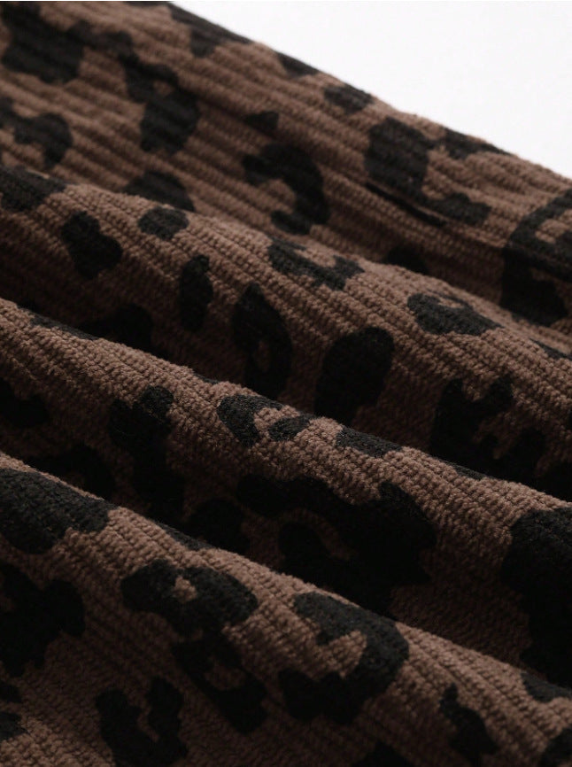 Corduroy Leopard Print Elastic Waist Wide Leg Pants