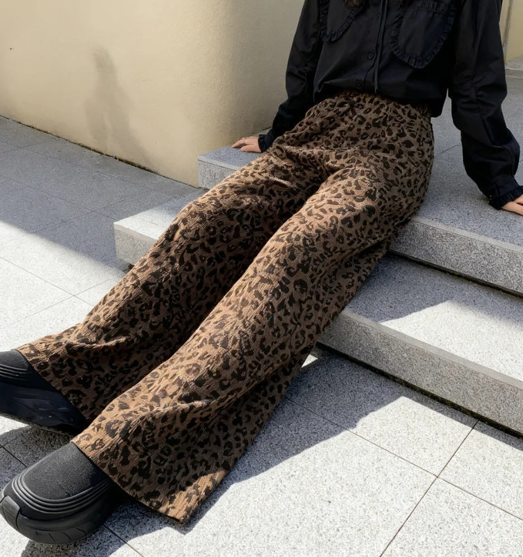 Corduroy Leopard Print Elastic Waist Wide Leg Pants