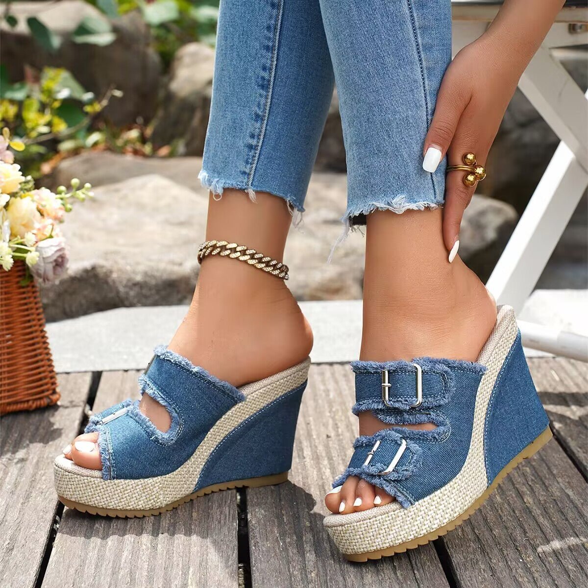 Atelier Denim Fray-Edge Wedge Sandals