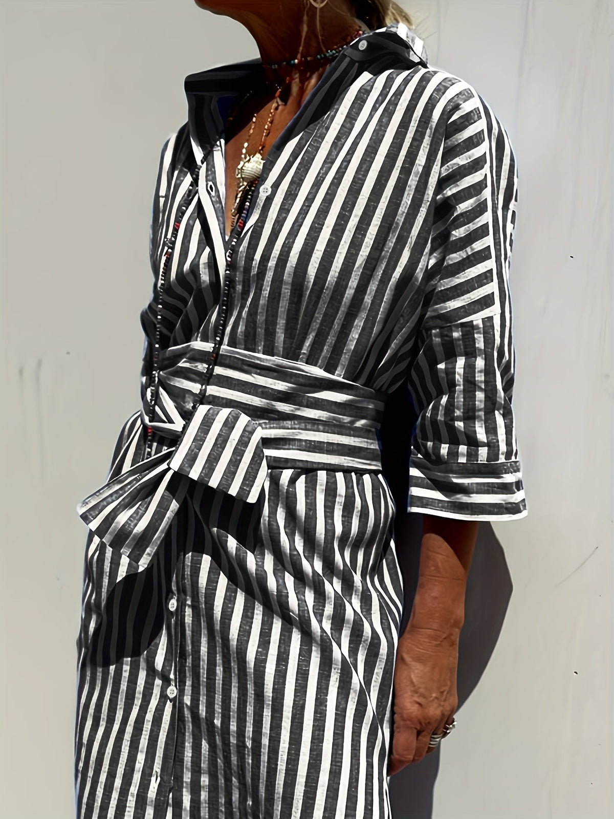 Christine | Striped Print & Button Closure with Belt