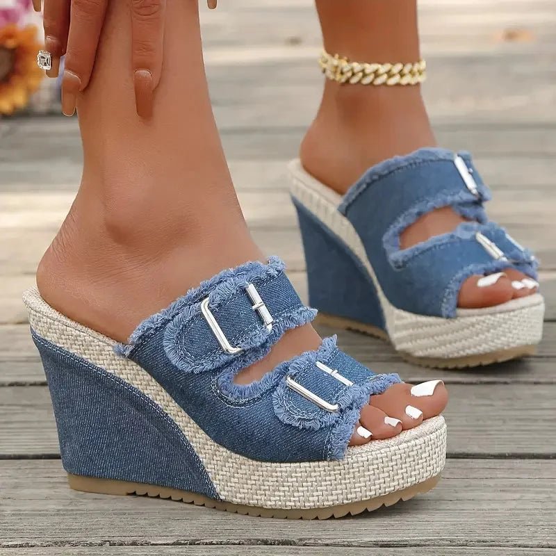 Atelier Denim Fray-Edge Wedge Sandals