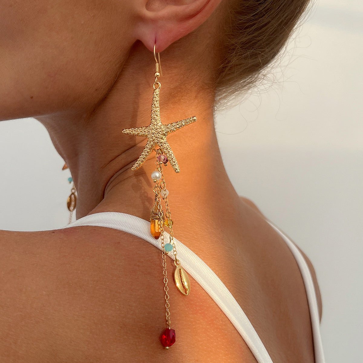 Beach-style starfish and jellyfish tassel earrings