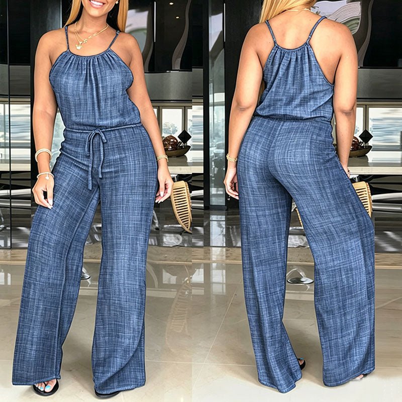 Sleeveless spaghetti strap tie-waist wide-leg jumpsuit
