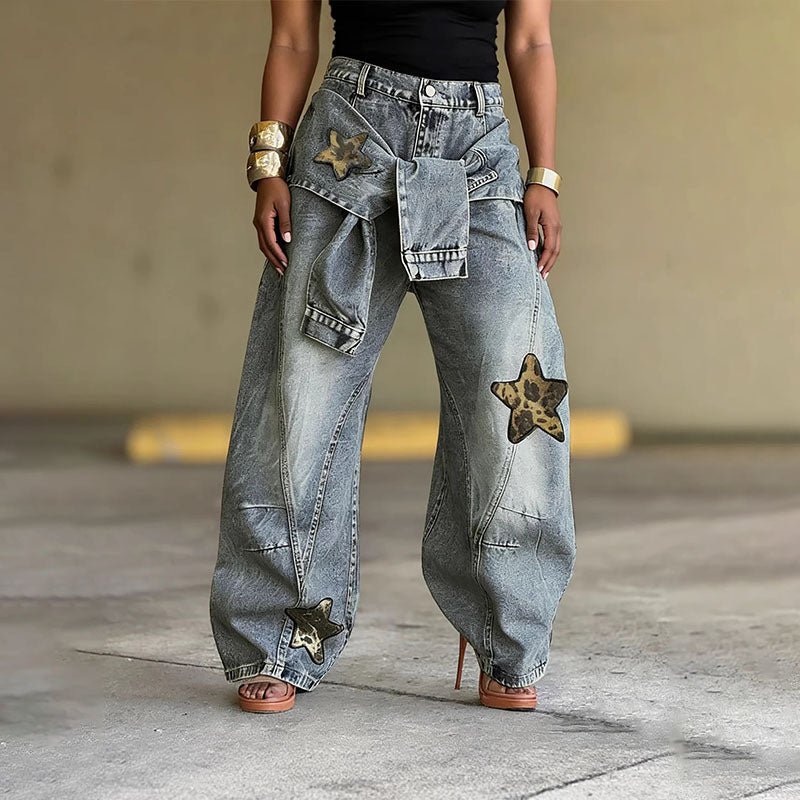 Layered lace-up star-detail jeans