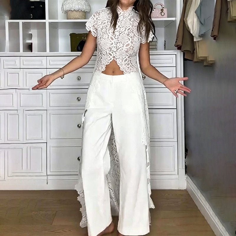 Ruffled lace front-slit top and wide-leg pants set