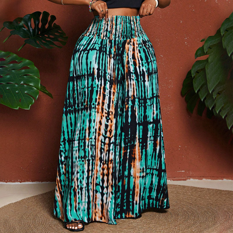 Plus-size tie-dye print pleated high-waisted wide-leg pants