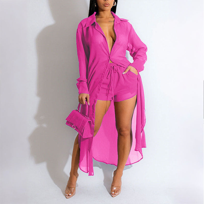 Sheer long-sleeved side-slit long shirt and shorts set